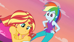 Size: 1920x1080 | Tagged: safe, screencap, character:rainbow dash, character:sunset shimmer, episode:wake up!, g4, my little pony:equestria girls, cellphone, clothing, duo, duo female, female, geode of super speed, magical geodes, outdoors, pants, phone, sleeveless, smartphone, sunrise, tank top, wake up!: rainbow dash, yoga pants