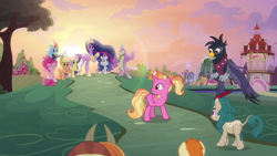Size: 1280x720 | Tagged: safe, screencap, character:applejack, character:fluttershy, character:luster dawn, character:pinkie pie, character:rainbow dash, character:rarity, character:spike, character:twilight sparkle, character:twilight sparkle (alicorn), species:alicorn, species:dragon, species:earth pony, species:griffon, species:kirin, species:pegasus, species:pony, species:unicorn, species:yak, episode:the last problem, g4, my little pony: friendship is magic, all is well, ethereal mane, female, flowing mane, friends, gallop j. fry, georgia (character), gigachad spike, happy ending, male, mane six, mare, older, older applejack, older fluttershy, older gallop j. fry, older pinkie pie, older rainbow dash, older rarity, older spike, princess twilight 2.0, river song (character), smiling, sunset, the magic of friendship grows, waving, yelena