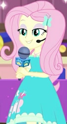 Size: 229x421 | Tagged: safe, screencap, character:fluttershy, episode:best in show: the victory lap, g4, my little pony:equestria girls, cropped, eyeshadow, female, geode of fauna, headset, headset mic, lidded eyes, magical geodes, makeup, microphone, smiling, solo