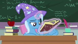 Size: 1920x1080 | Tagged: safe, screencap, character:trixie, species:pony, species:unicorn, episode:a horse shoe-in, g4, my little pony: friendship is magic, apple, book, chalkboard, clothing, crossed legs, female, food, glowing horn, hat, hoof on chin, hooves on the table, horn, irresponsible, lazy, levitation, lidded eyes, magic, mare, obnoxious, reading, solo, teacher, telekinesis, trixie's hat