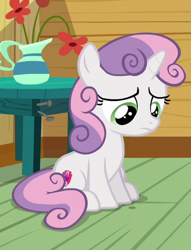 Size: 350x458 | Tagged: safe, screencap, character:sweetie belle, species:pony, species:unicorn, episode:the fault in our cutie marks, g4, my little pony: friendship is magic, clubhouse, cropped, crusaders clubhouse, female, filly, sad, solo