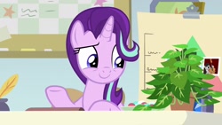 Size: 1920x1080 | Tagged: safe, screencap, character:octavia melody, character:phyllis, character:starlight glimmer, species:pony, species:unicorn, episode:a horse shoe-in, g4, my little pony: friendship is magic, female, mare, philodendron, photo, plant, raised eyebrow, raised hoof, sentimental value, smiling, solo, starlight's office, talking to objects, underhoof
