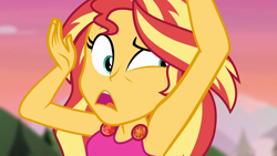 Size: 1920x1080 | Tagged: safe, screencap, character:sunset shimmer, episode:wake up!, g4, my little pony:equestria girls, armpits, clothing, confused lemur, female, geode of empathy, magical geodes, open mouth, outdoors, sleeveless, tank top, wake up!: rainbow dash, yoga, yoga pose