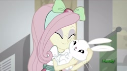 Size: 1916x1080 | Tagged: safe, screencap, character:angel bunny, character:fluttershy, episode:good vibes, eqg summertime shorts, g4, my little pony:equestria girls, smiling, snuggling