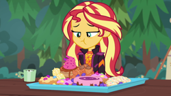 Size: 1280x720 | Tagged: safe, screencap, character:sunset shimmer, episode:wake up!, g4, my little pony:equestria girls, candy, chocolate, donut, eating, food, hot chocolate, junk food, pastry, solo, sweets, this will end in diabetes, wake up!: pinkie pie