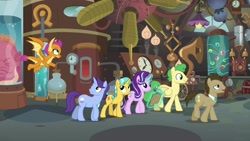Size: 1920x1080 | Tagged: safe, screencap, character:citrine spark, character:doctor whooves, character:fire quacker, character:huckleberry, character:november rain, character:smolder, character:starlight glimmer, character:time turner, species:dragon, species:pony, episode:a horse shoe-in, g4, my little pony: friendship is magic, friendship student, magic
