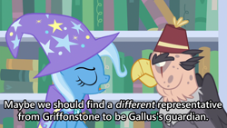 Size: 1280x720 | Tagged: safe, screencap, character:grampa gruff, character:trixie, species:griffon, species:pony, species:unicorn, episode:a horse shoe-in, g4, my little pony: friendship is magic, duo, female, male, mare, quadrupedal, subtitles