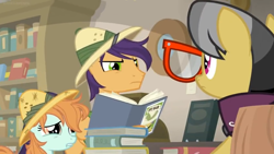 Size: 1600x900 | Tagged: safe, screencap, character:a.k. yearling, character:endeavour, character:peach fuzz, species:pony, episode:daring doubt, g4, my little pony: friendship is magic, angry, book, bookshelf, female, filly, glasses, heartbreak, library, sad, shelf, upset