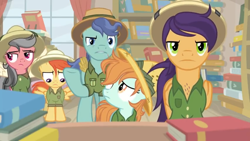 Size: 1600x900 | Tagged: safe, screencap, character:compass course, character:endeavour, character:peach fuzz, character:shutterbug, species:earth pony, species:pegasus, species:pony, episode:daring doubt, g4, my little pony: friendship is magic, angry, background pony, book, bookshelf, clothing, colt, confused, disappointed, fake wings, fandom, fans, female, filly, hat, male, mare, pith helmet, sad, shirt, stallion, unamused, unnamed pony, upset