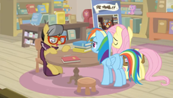 Size: 1600x900 | Tagged: safe, screencap, character:a.k. yearling, character:fluttershy, character:rainbow dash, species:pegasus, species:pony, episode:daring doubt, g4, my little pony: friendship is magic, book, bookshelf, cape, clothing, couch, female, glasses, mare, pen, sad, saddle bag, shelf, sign, sitting, stool, table