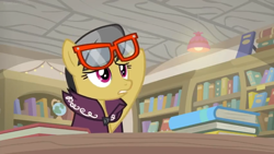 Size: 1600x900 | Tagged: safe, screencap, character:a.k. yearling, species:pegasus, species:pony, episode:daring doubt, g4, my little pony: friendship is magic, book, bookshelf, cape, ceiling light, clothing, female, glasses, library, mare, shelf, solo, table