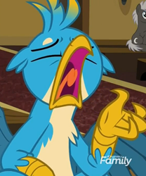 Size: 590x708 | Tagged: safe, screencap, character:gallus, species:griffon, episode:a horse shoe-in, g4, my little pony: friendship is magic, cropped, discovery family logo, solo focus, yawn