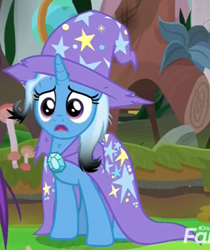 Size: 408x486 | Tagged: safe, screencap, character:trixie, species:pony, species:unicorn, episode:a horse shoe-in, g4, my little pony: friendship is magic, about to cry, burnt mane, cape, clothing, cropped, dirty, female, hat, heartbreak, mare, messy mane, open mouth, sad, solo focus, trixie's cape, trixie's hat, upset