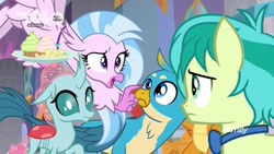 Size: 345x194 | Tagged: safe, screencap, character:gallus, character:ocellus, character:sandbar, character:silverstream, species:changedling, species:dragon, species:earth pony, species:griffon, species:hippogriff, species:pony, episode:she's all yak, g4, my little pony: friendship is magic, dragoness, female, male