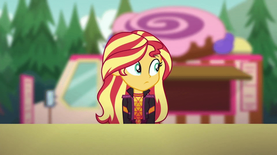 Size: 960x540 | Tagged: safe, screencap, character:sunset shimmer, episode:wake up!, g4, my little pony:equestria girls, animated, awning, background human, bread, cinnamon bun, clothing, croissant, food, food stand, food truck, forest, frosting, gif, imminent diabetes, jacket, jelly beans, junk food, pastry, pecan, pine tree, starswirl music festival, surprised, this will end in diabetes, tray, tree, waffle, wake up!: pinkie pie