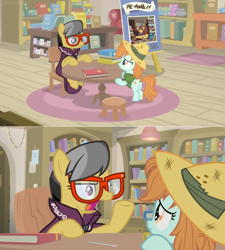 Size: 1600x1780 | Tagged: safe, screencap, character:a.k. yearling, character:peach fuzz, species:pony, episode:daring doubt, g4, my little pony: friendship is magic, book, bookshelf, cape, carpet, chair, clothing, foal, glasses, hat, library, pen, pith helmet, rug, shelf, shirt, sign, stool