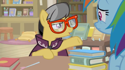 Size: 1600x900 | Tagged: safe, screencap, character:a.k. yearling, character:rainbow dash, species:pegasus, species:pony, episode:daring doubt, g4, my little pony: friendship is magic, book, cape, clothing, cup, female, glasses, library, mare, pen, pillow, stool, table