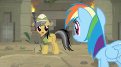 Size: 1600x898 | Tagged: safe, screencap, character:daring do, character:rainbow dash, species:pony, episode:daring doubt, g4, my little pony: friendship is magic, clothing, female, hat, pith helmet, shirt, temple, torch