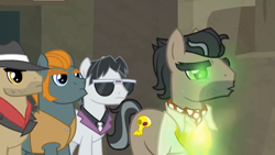 Size: 1600x900 | Tagged: safe, screencap, character:biff, character:doctor caballeron, character:rogue, character:withers, species:pony, episode:daring doubt, g4, my little pony: friendship is magic, clothing, fedora, glow, glowing eyes, hat, henchmen, sunglasses, sweat, truth talisman