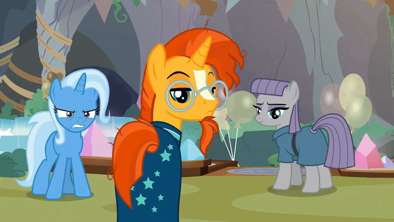 Size: 800x450 | Tagged: safe, screencap, character:maud pie, character:sunburst, character:trixie, species:earth pony, species:pony, species:unicorn, episode:student counsel, angry, animated, balloon, blinking, clothing, eyebrows, eyeshadow, faec, female, glasses, gritted teeth, makeup, male, mare, maud pie is not amused, raised eyebrow, robe, stallion, sunburst is not amused, sunburst's glasses, sunburst's robe, trixie is not amused, unamused