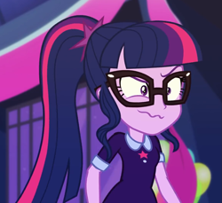 Size: 1149x1051 | Tagged: safe, screencap, character:twilight sparkle, character:twilight sparkle (scitwi), species:eqg human, episode:twilight under the stars, g4, my little pony:equestria girls, cropped, faec, female, glasses, ponytail, sci-twi is best facemaker, shrunken pupils, solo, wavy mouth