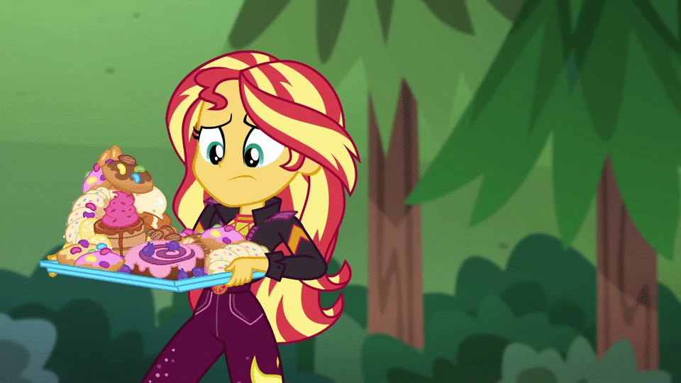 Size: 960x540 | Tagged: safe, screencap, character:pinkie pie, character:sunset shimmer, episode:wake up!, g4, my little pony:equestria girls, animated, belt, bread, clothing, croissant, dress, food, forest, frosting, gif, jacket, jeans, jelly beans, junk food, pants, pastry, sprinkles, starswirl music festival, this will end in diabetes, tree, waffle, wake up!: pinkie pie