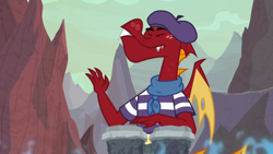 Size: 1920x1080 | Tagged: safe, screencap, character:garble, species:dragon, episode:sweet and smoky, g4, my little pony: friendship is magic, beret, bongos, clothing, eyes closed, hat, male, shirt, solo, striped shirt