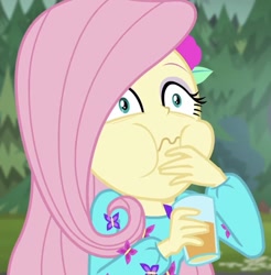 Size: 814x828 | Tagged: safe, screencap, character:fluttershy, equestria girls:sunset's backstage pass, g4, my little pony:equestria girls, cropped, faec, juice, orange juice, puffy cheeks, solo, wavy mouth