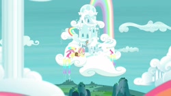 Size: 1920x1080 | Tagged: safe, screencap, character:fluttershy, species:pegasus, species:pony, episode:daring doubt, g4, my little pony: friendship is magic, book, cloud, female, flying, mare, rainbow dash's house, rainbow waterfall, solo