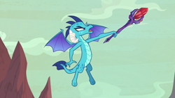 Size: 1920x1080 | Tagged: safe, screencap, character:princess ember, species:dragon, episode:sweet and smoky, g4, my little pony: friendship is magic, authority, bloodstone scepter, claws, dragon lands, dragon lord ember, dragoness, female, flying, horns, looking up, ordering, pointing, serious, solo, spread wings, toes, wings