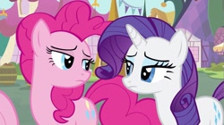 Size: 1279x715 | Tagged: safe, screencap, character:fluttershy, character:pinkie pie, character:rarity, episode:putting your hoof down, g4, my little pony: friendship is magic, duo focus, looking at each other, pinkie pie is not amused, rarity is not amused, unamused