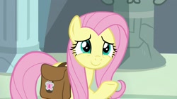 Size: 1920x1080 | Tagged: safe, screencap, character:fluttershy, species:pony, episode:daring doubt, g4, my little pony: friendship is magic, cute, rainbow dash's house, saddle bag, shyabetes, smiling, solo