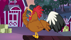 Size: 1280x720 | Tagged: safe, screencap, species:bird, species:rooster, episode:going to seed, g4, my little pony: friendship is magic, hay bale, solo
