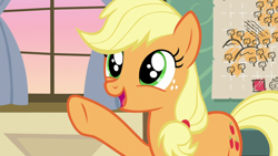 Size: 1920x1080 | Tagged: safe, screencap, character:applejack, species:earth pony, species:pony, episode:going to seed, g4, my little pony: friendship is magic, cute, female, freckles, happy, jackabetes, map, mare, raised hoof, solo
