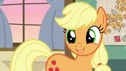Size: 1920x1080 | Tagged: safe, screencap, character:applejack, species:earth pony, species:pony, episode:going to seed, g4, my little pony: friendship is magic, cute, female, freckles, happy, jackabetes, map, mare, smiling, solo
