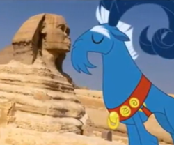 Size: 600x500 | Tagged: safe, screencap, character:grogar, species:sphinx, egypt, forced perspective, the most evil q&a ever