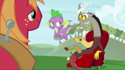 Size: 1280x720 | Tagged: safe, screencap, character:big mcintosh, character:discord, character:spike, species:draconequus, species:dragon, species:earth pony, species:pony, episode:the big mac question, g4, my little pony: friendship is magic, claws, male, spike is not amused, stallion, tail, unamused, winged spike