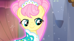 Size: 1920x1080 | Tagged: safe, screencap, character:fluttershy, species:pegasus, species:pony, episode:green isn't your color, g4, my little pony: friendship is magic, alternate hairstyle, clothing, dress, female, magic, magic aura, modelshy, solo, sparkles