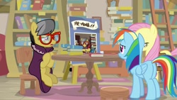 Size: 1920x1080 | Tagged: safe, screencap, character:a.k. yearling, character:fluttershy, character:rainbow dash, species:pony, episode:daring doubt, g4, my little pony: friendship is magic, book, bookshelf, ladder, written equestrian