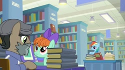 Size: 1920x1080 | Tagged: safe, screencap, character:doctor caballeron, character:peppermint goldylinks, character:rainbow dash, species:pony, episode:daring doubt, g4, my little pony: friendship is magic, book, bookshelf, friendship student, groom q.q. martingale