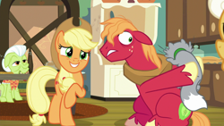 Size: 1920x1080 | Tagged: safe, screencap, character:applejack, character:big mcintosh, character:goldie delicious, character:granny smith, species:earth pony, species:pony, episode:going to seed, g4, my little pony: friendship is magic, bags under eyes, cat, female, freckles, grin, male, mare, raised hoof, scared, smiling, stallion, unshorn fetlocks, yoke