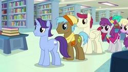 Size: 1920x1080 | Tagged: safe, screencap, character:neigh sayer, character:november rain, character:pinot noir, character:sugar maple, species:pony, episode:daring doubt, g4, my little pony: friendship is magic, book, bookshelf, friendship student