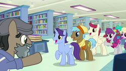 Size: 1920x1080 | Tagged: safe, screencap, character:doctor caballeron, character:neigh sayer, character:november rain, character:pinot noir, character:sugar maple, species:pony, episode:daring doubt, g4, my little pony: friendship is magic, book, bookshelf, friendship student, groom q.q. martingale