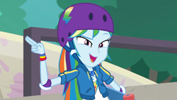 Size: 1920x1080 | Tagged: safe, screencap, character:rainbow dash, episode:sic skateboard, g4, my little pony:equestria girls, clothing, elbow pads, female, geode of super speed, helmet, jacket, magical geodes, outdoors, raised eyebrow, skate park, skateboard