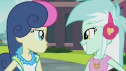 Size: 661x372 | Tagged: safe, screencap, character:bon bon, character:lyra heartstrings, character:sweetie drops, episode:all's fair in love & friendship games, g4, my little pony:equestria girls, duo, looking at each other, smiling