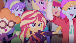 Size: 1280x720 | Tagged: safe, screencap, character:aqua blossom, character:drama letter, character:scribble dee, character:sunset shimmer, character:velvet sky, character:watermelody, equestria girls:sunset's backstage pass, g4, my little pony:equestria girls, background human, backstage pass, female, fry lilac, geode of empathy, golden hazel, happy, hunter hedge, logo, magical geodes, male, music festival outfit, pose, sandy cerise, smiling, surfing, velvet sky, wide eyes