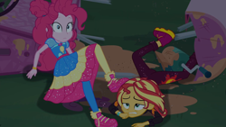 Size: 1920x1080 | Tagged: safe, screencap, character:pinkie pie, character:sunset shimmer, equestria girls:sunset's backstage pass, g4, my little pony:equestria girls, ass, batter, boots, bunset shimmer, butt, clothing, destruction, duo, duo female, female, food, food cart, geode of sugar bombs, magical geodes, night, outdoors, pantyhose, property damage, shoes, sneakers, wide eyes