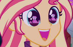 Size: 1109x720 | Tagged: safe, screencap, character:kiwi lollipop, character:sunset shimmer, character:supernova zap, equestria girls:sunset's backstage pass, g4, my little pony:equestria girls, cute, eye reflection, eyes closed, fry lilac, grin, happy, holding hands, k-lo, kiwi lollipop, raised eyebrows, reflection, shimmerbetes, smiling, smoke, su-z, supernova zap