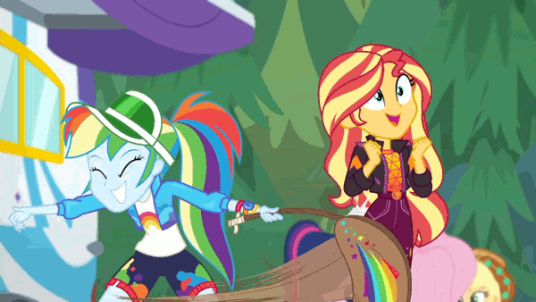 Size: 600x338 | Tagged: safe, screencap, character:applejack, character:fluttershy, character:rainbow dash, character:sunset shimmer, character:twilight sparkle, character:twilight sparkle (scitwi), species:eqg human, equestria girls:sunset's backstage pass, g4, my little pony:equestria girls, accidental innuendo, accidental spanking, animated, backstage pass, grin, happy, out of context, outdoors, paddle, rainbow dash's paddle, rv, smiling, uh i can explain