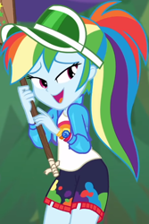 Size: 396x594 | Tagged: safe, screencap, character:rainbow dash, equestria girls:sunset's backstage pass, g4, my little pony:equestria girls, accidental spanking, cap, chuckle, clothing, cropped, cute, dashabetes, embarrassed, geode of super speed, hat, jacket, lidded eyes, magical geodes, paddle, rainbow, rainbow dash's paddle, shirt, shorts, smiling, solo, sunset's paddling, t-shirt